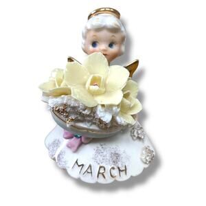 VNT March Birthday Angel Figurine Porcelain Made in Japan Daffodils Aquamarine